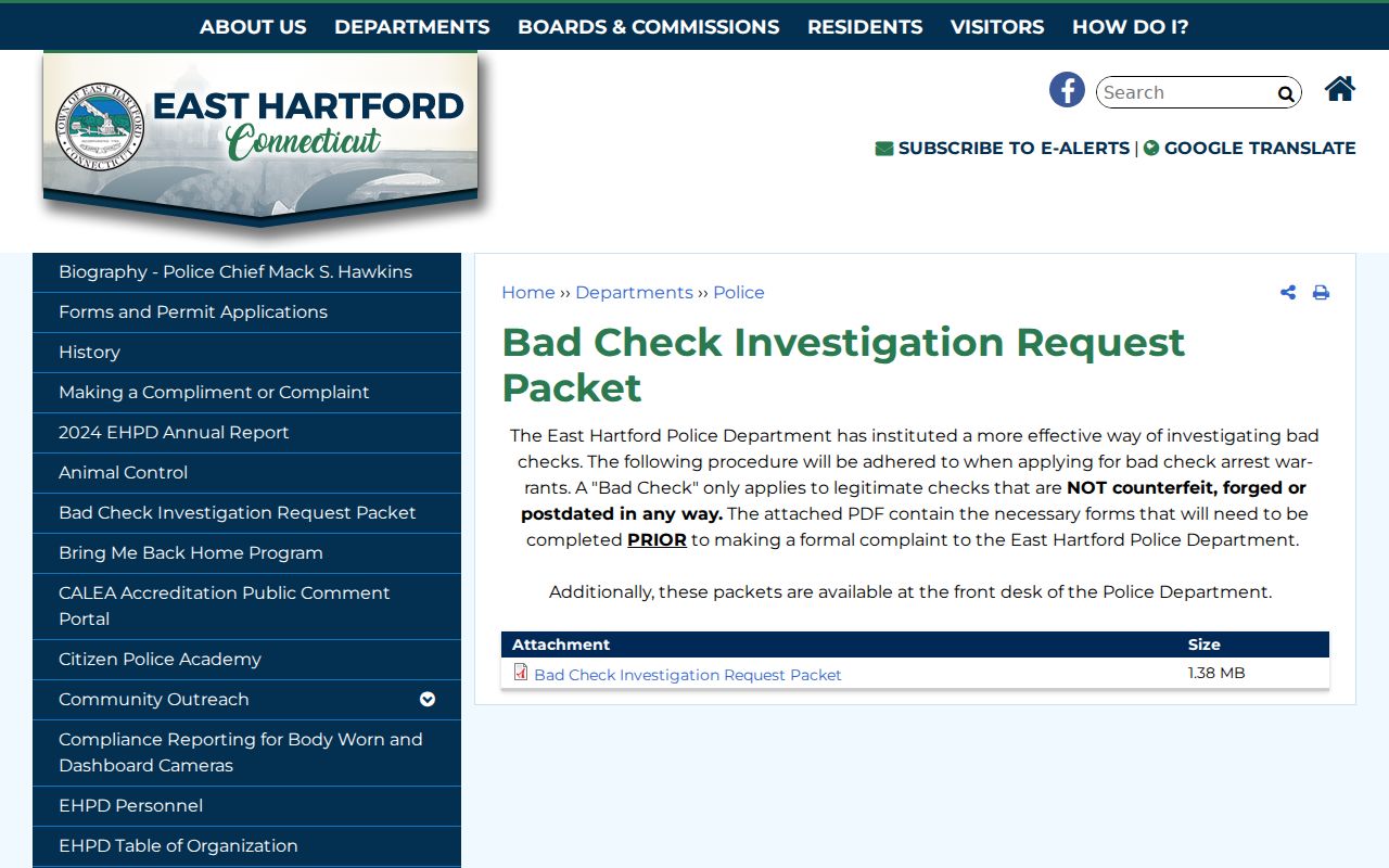 East Hartford court charges bad check investigation packet source