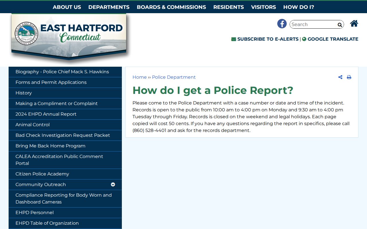 East Hartford arrest records police report request source
