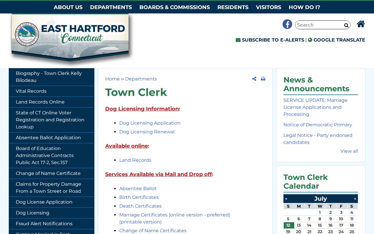 East Hartford Town Clerk official page for municipal records