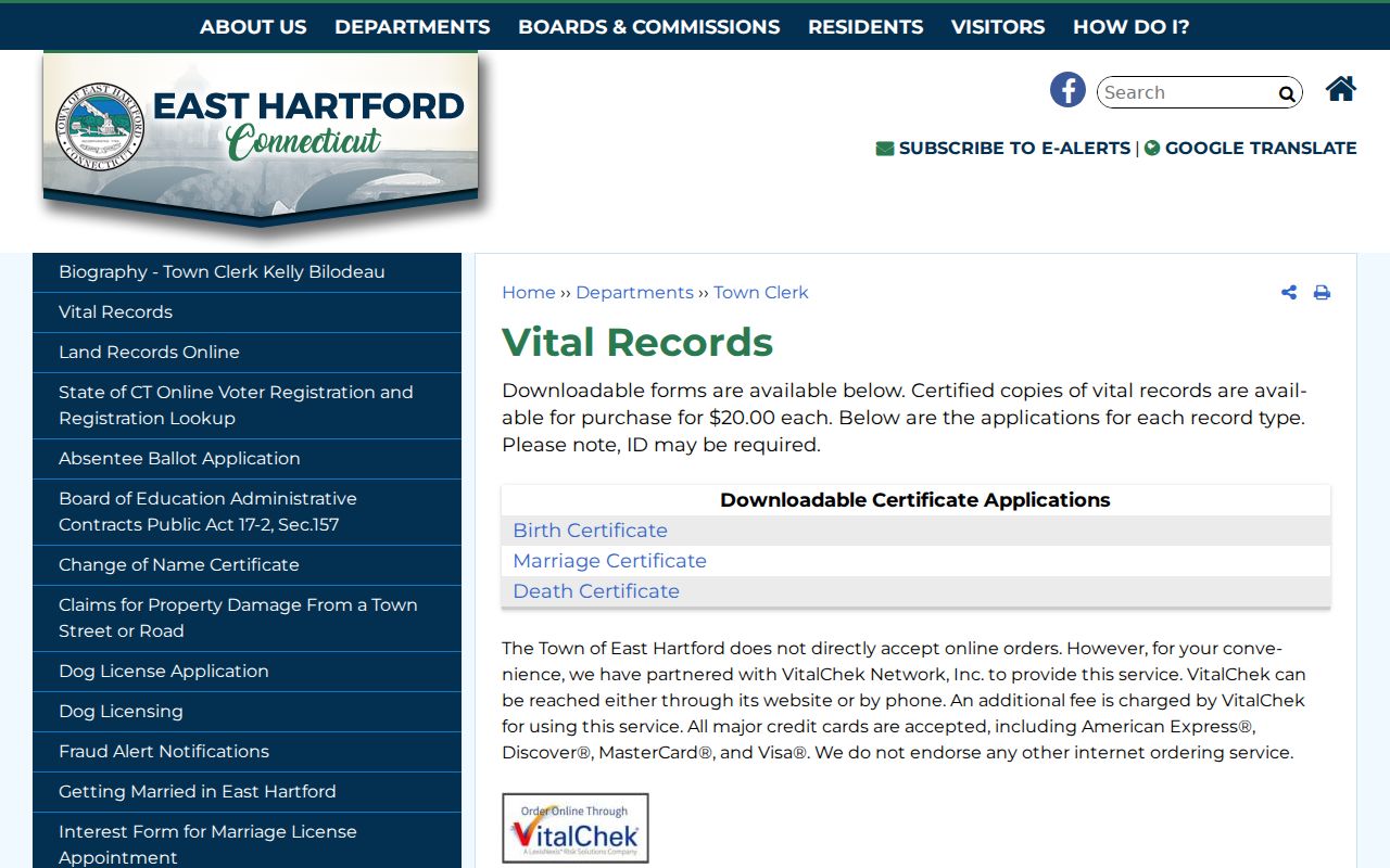 East Hartford Town Clerk vital records page