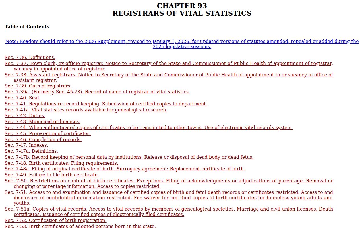 Connecticut vital records statutes source page