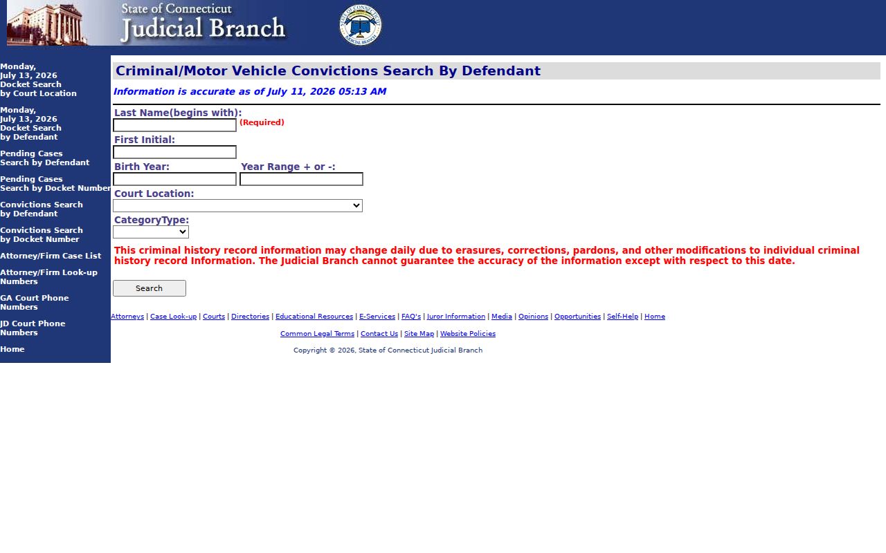East Hartford, Connecticut court dockets convictions by defendant or docket