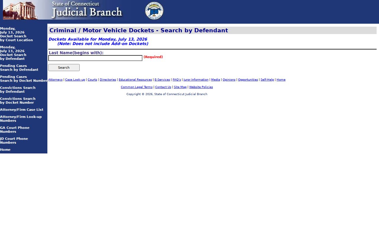 East Hartford, Connecticut court dockets daily docket by defendant