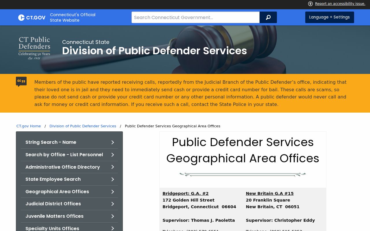 East Hartford, Connecticut criminal court records public defender geographical area offices