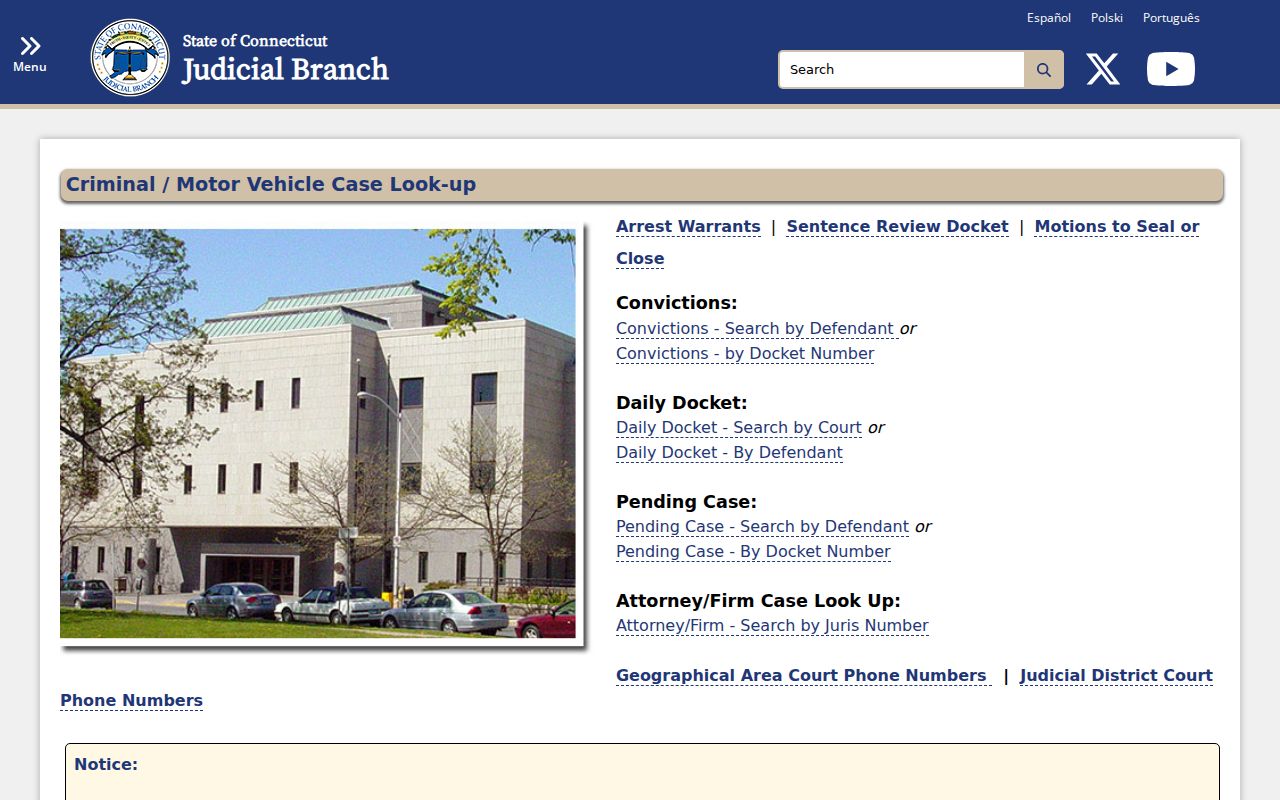 East Hartford County criminal court records lookup menu