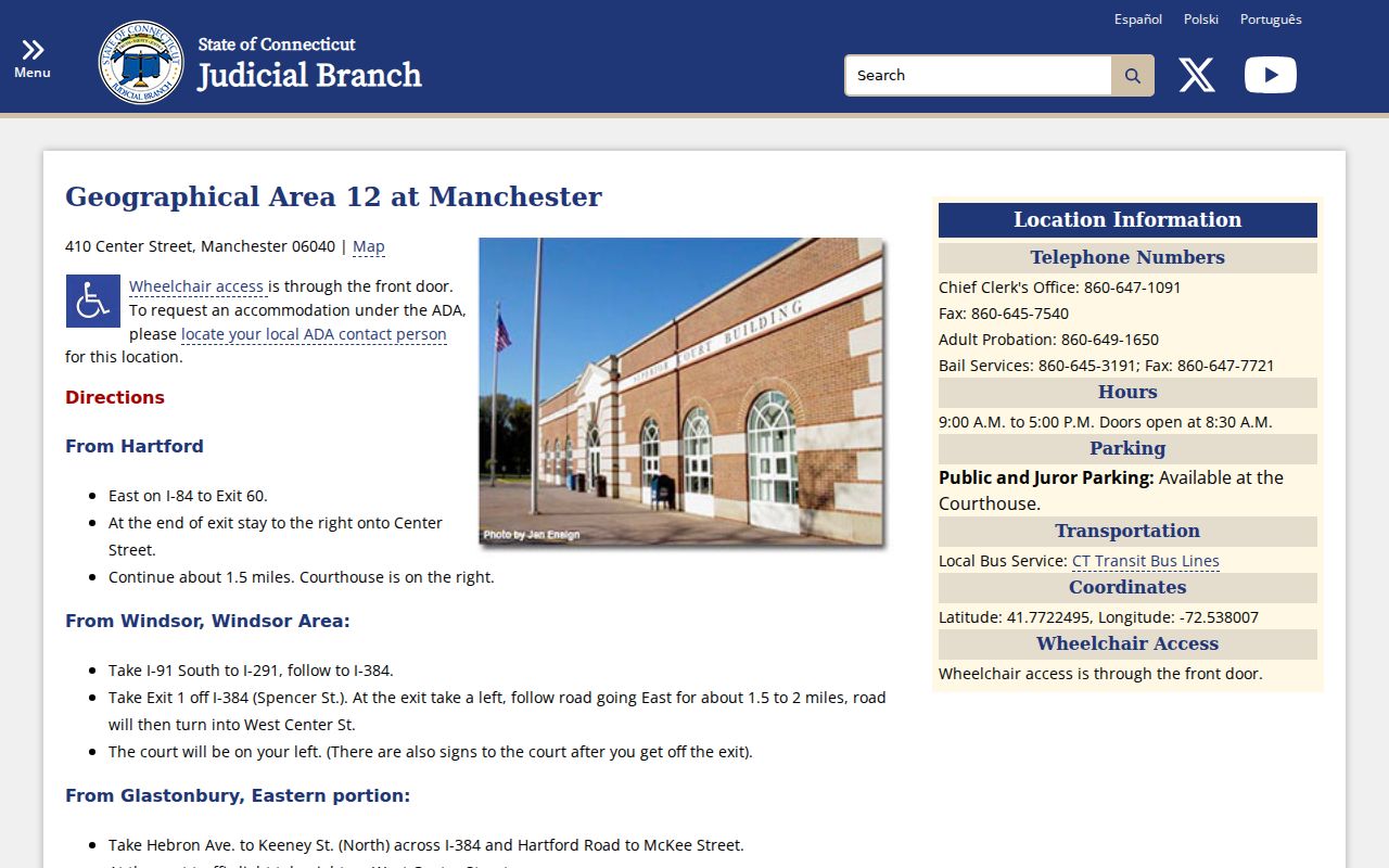 East Hartford County court records GA 12 Manchester courthouse