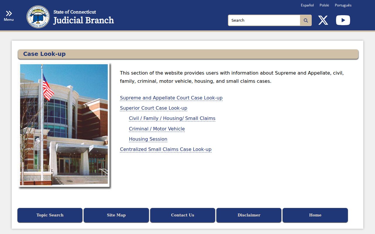 East Hartford County court records Judicial Branch case lookup menu