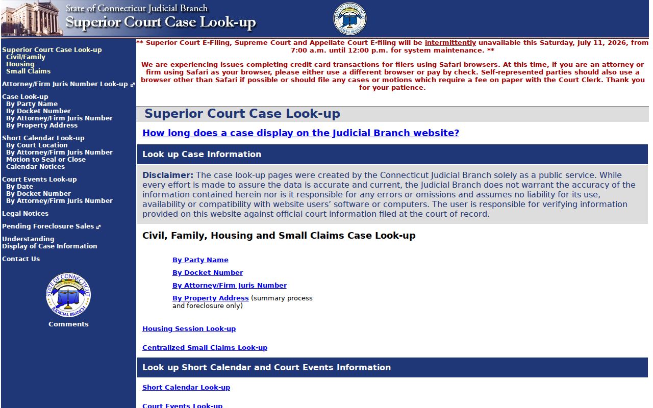 East Hartford County court records Superior Court civil lookup
