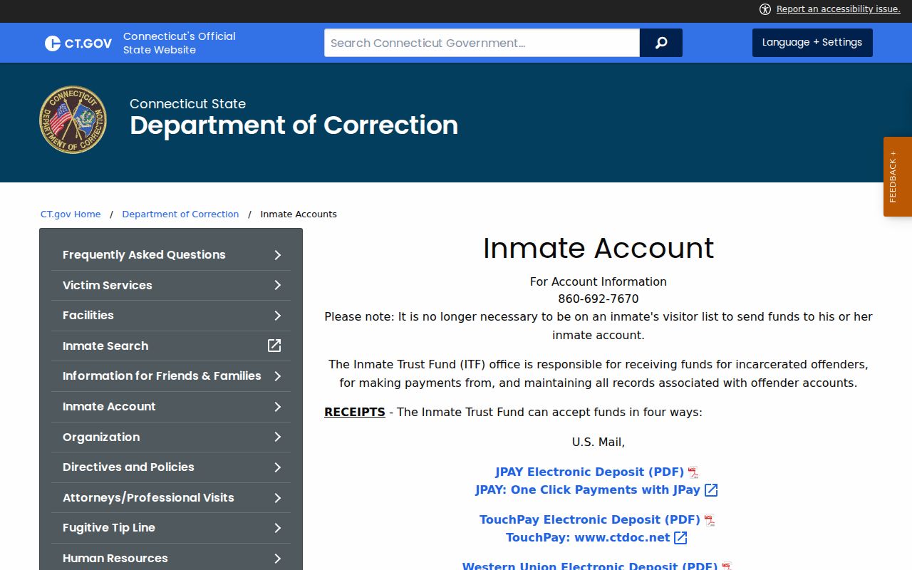 East Hartford inmate records DOC inmate accounts source
