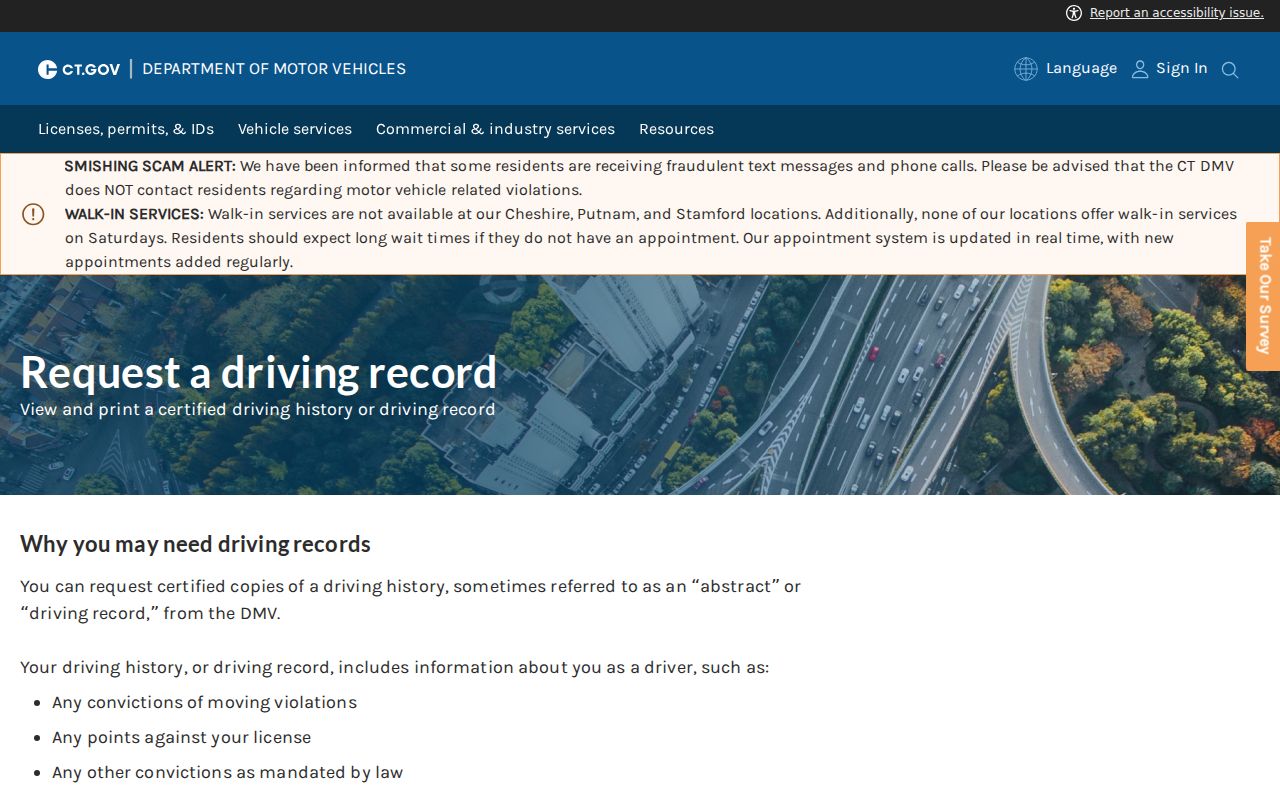 East Hartford traffic court records DMV driving history request